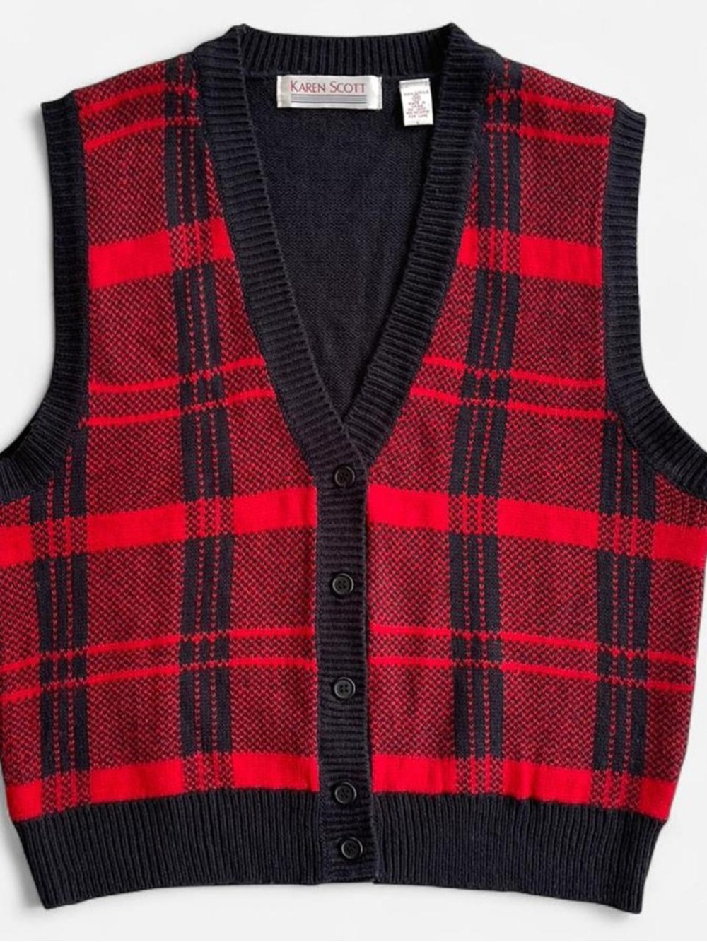 Vintage Karen Scott Red & Black Plaid Acrylic Knit Button Front Sweater Vest M - Picture 2 of 7